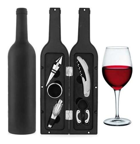 Set De Vino En Forma De Botella + 5 Accesorios Estuche Iman