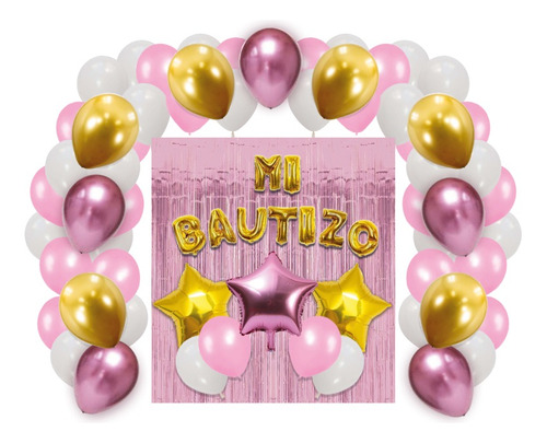 Kit Decoración Globos Metálicos Cortina Para Bautizo Dorado Color Rosa