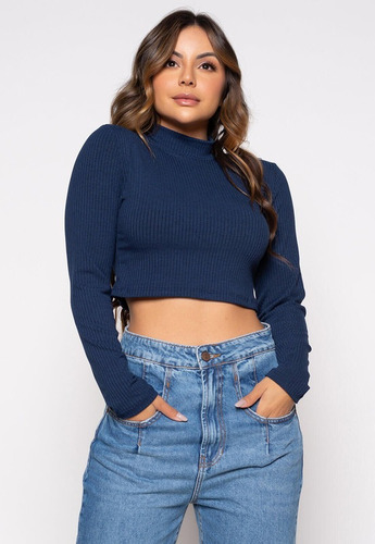 Imagem 2 de 8 de Blusinha Manga Longa Canelada Inverno Moda Feminina Cropped