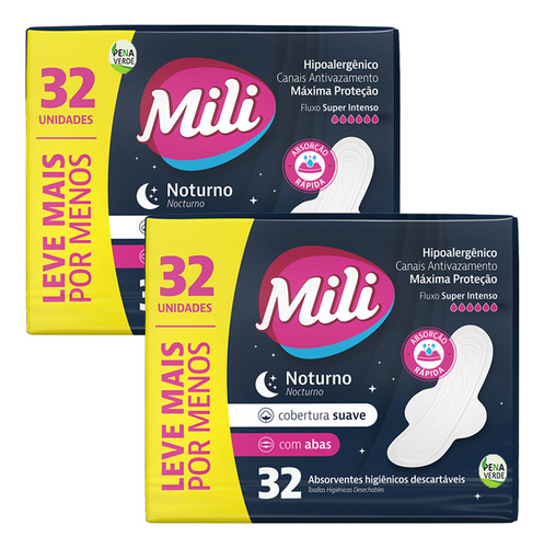 Kit 64 Absorvente Noturno Mili Com Abas - 2 Pacotes 32 Un
