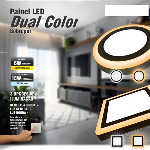 Kit4-luminaria Teto 3 Estagio Led Sobrepor Quadrado 24wpreta