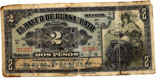 Billete De 2 Pesos Del Banco De Guanajuato Enmicado