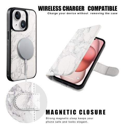 Funda Para iPhone 15 Plus Cartera Desmontable Gris Marmol