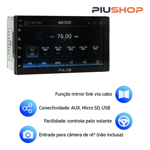 Central Multimedia Receiver 7" com Espelhamento e Bluetooth Touch Screen - Ps01mm Cor Preto