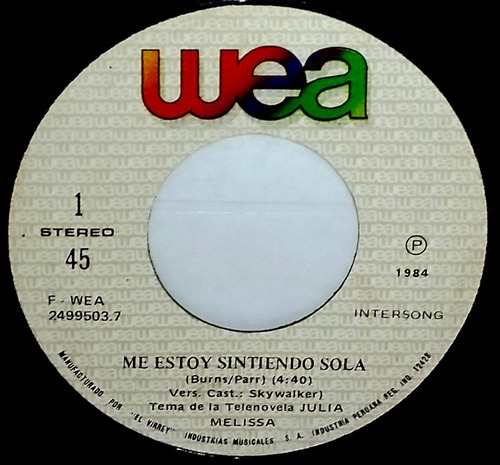 Single 45 Melissa - Me Estoy Sintiendo Sola + Paso Tu Tiempo