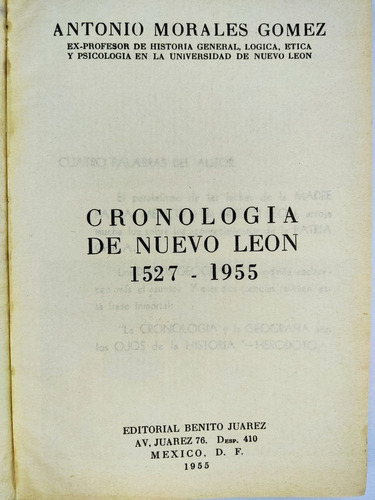 Libro Cronología De Nuevo León, 1527-1955 Morales 187c7 (Usado)