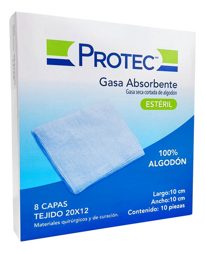 Gasa Absorbente Estéril Protec Algodón 10cm X 10cm Caja 10pz