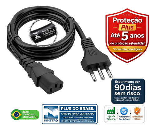 Plus Do Brasil Cabo De Força Energia 10a Tripolar P/ Pc Fonte Computador Cpu Monitor Eletrônicos C13 Panela Eletrica Pressão Robo Aspirador Bivolt Certificado Inmetro - 100% Cobre C/ Aterramento Real