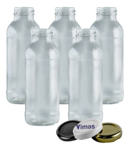 Botella De Vidrio Jugo 330ml. (x 5 Unid. Con Tapa)