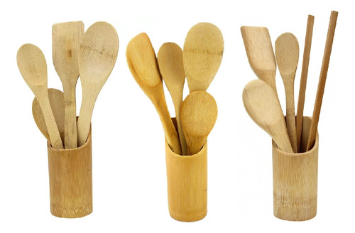 Kit De Colher Espátula Em Bambu C/ Suporte Cozinha 15 Peças