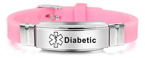 Pulsera ajustable de alerta médica de diabetes para adultos y niños, 23 cm de longitud, color rosa, 6 cm de diámetro