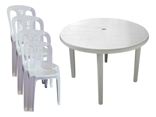 Mesa Redonda Con 4 Sillas De Plastico Blanco