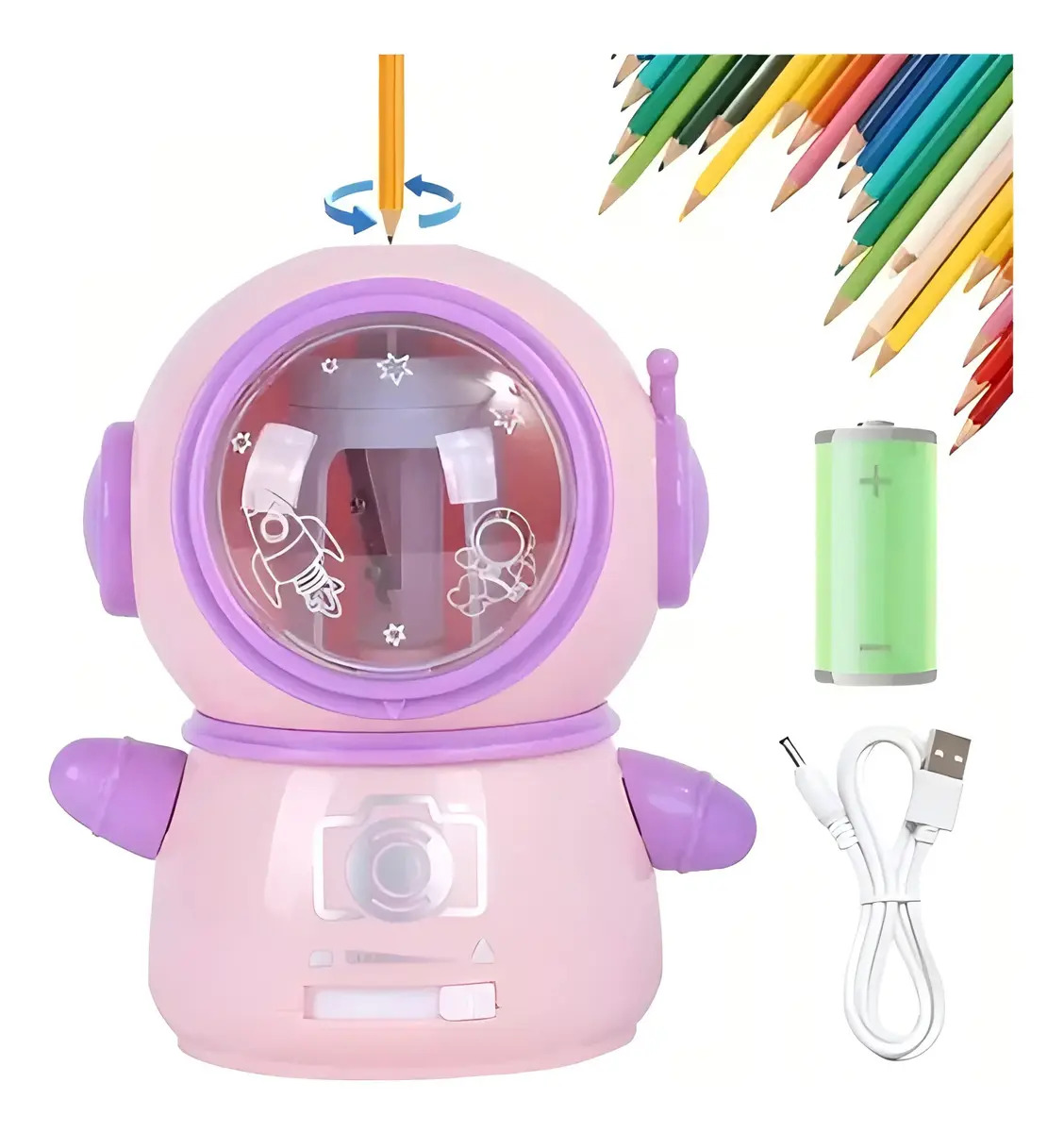 Sacapuntas Electrico Para Lápiz Usb Pilas Aa Astronautas Color Rosa CXMQIAGA