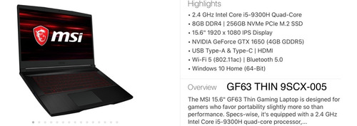 Msi Intel I5 9300h Ram 8gb Gtx 1650 Portátil Gamer Inmediata