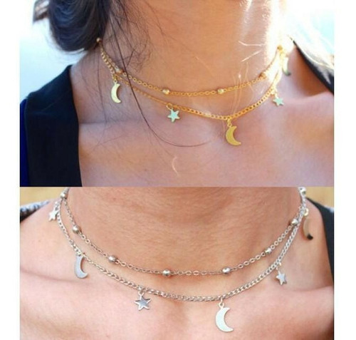 Colar De Prata Feminino Delicado Luxo Cordão Moderno Luas Es