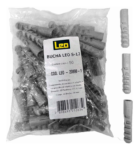 Bucha 12mm Sem Aba Nylon P/ Concreto 50 Unidades Léo - S-12