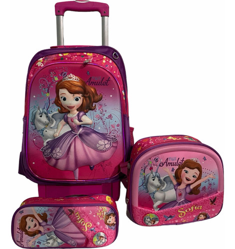 Kit Mochila De Princesa Ruedas Lonchera Y Lapicera Primaria