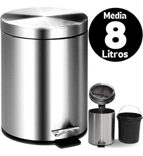 Lixeira Pedal Aço Inox Tampa 8l Média Alça Balde Removível