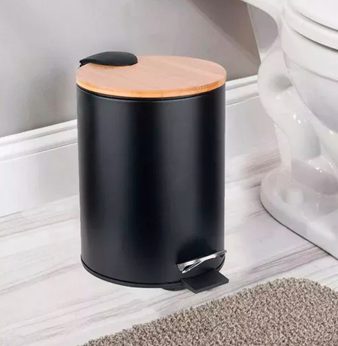 Cesto Residuos Acero Negro 5 Lts Tapa Bambú Hogar Actual