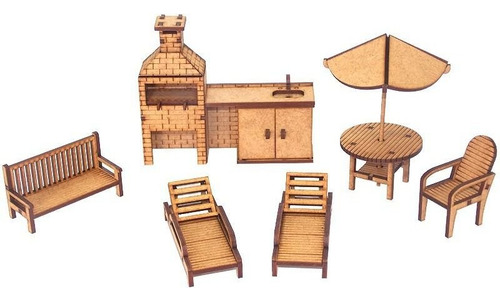 Kit Miniatura Área De Piscina Com 6 Peças Mdf Churrasqueira