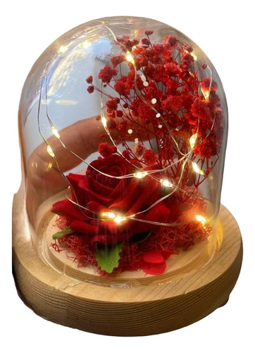 Rosa Eterna Artificial Luz Cálida Cúpula Vidrio Base Madera