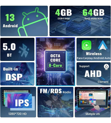 Radio Auto Android Qled De 9'' Con 4gb Ram 64gb Rom Carplay