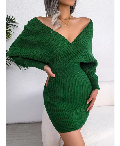 Vestido Lana Con Cuello En V Tejido De Invierno Para Mujer