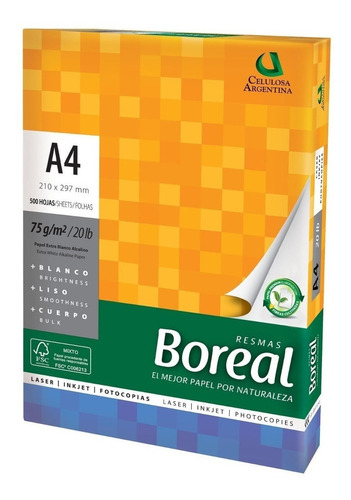 Imagen 1 de 2 de Resma Boreal A4 multifunción de 500 hojas de 75g color blanco por unidad