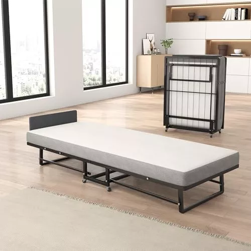 Cama Plegable con Colchón Cama para Huéspedes Portátil con Ruedas