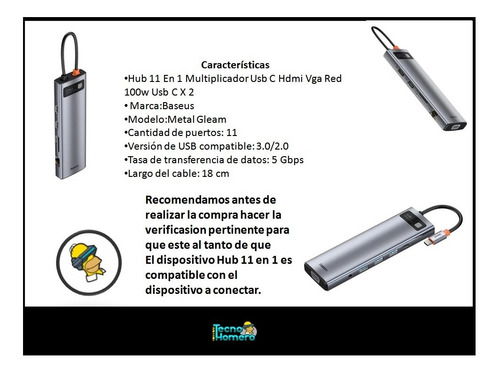 Adaptador Hub Usb C 10 En 1 Hdmi Rj45 Vga Aux Micro Sd Matad