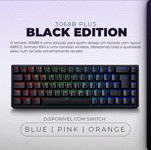 Teclado Mecânico Akko 3068b Plus Switch Orange Sem Fio 65% Preto Português Brasil