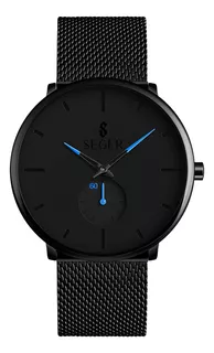 Reloj Minimalista Hombre Seger 9185 Analogico Elegante Acero Color De La Malla Negro Color Del Fondo Azul