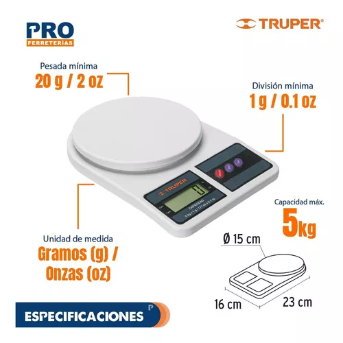 Báscula Digital Base Plástica Para Cocina 5kg Truper 15161