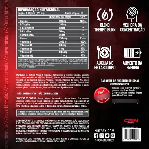 Suplemento en cápsulas Termogenic Lipo 6 Hardcore de Nutrex Research en un bote de 80 ml (60 unidades)