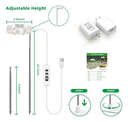 Luz De Crecimiento Ajustable De Espectro Completo Con Base