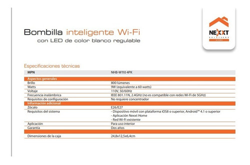 Imagen 6 de 6 de Kit 4x Bombillos Inteligentes Nexxt Nhb-w110 Luz Calida/fria