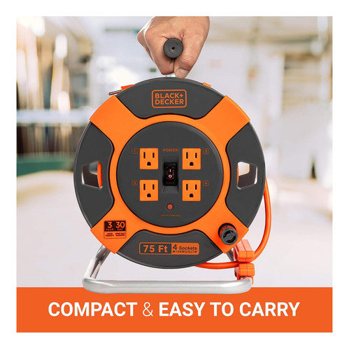 Black+decker Retractable Extension Cord Reel 75 Ft Con 4 De