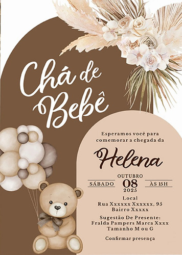 Convite Chá De Bebe Ursinho Balões Marrom Chá Fraldas Digita