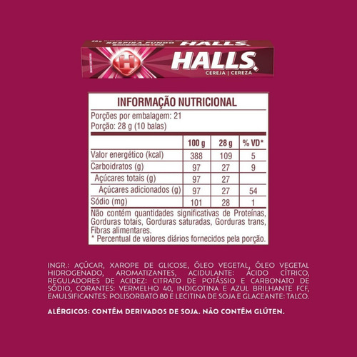 Bala Halls Cereja Caixa Com 21 Unidades 28g