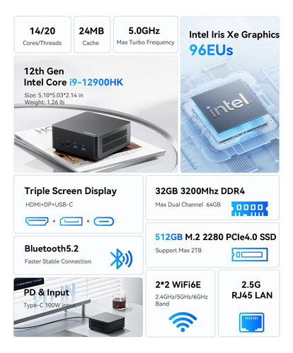 Kodlix Mini Pc Gd90 Intel Core I9-12900hk 14c/20t,