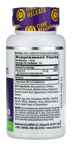 Imagen 2 de 2 de Natrol Melatonina 5mg Liberación Prolongada 100 Tabletas, Con Vitamina B6 Que Ayuda A Fomentar Patrones De Sueño Normales, Ayuda Para Dormir Mejor, Sin Interrupciónes, Libre De Medicamentos,