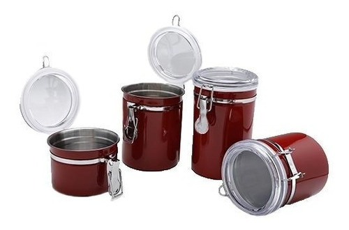 Jogo 4 Porta Mantimentos Vermelho Inox Hermético A7