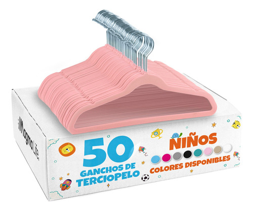 Magma Life 50 Ganchos de Terciopelo para Ropa Infantil, Gancho Plateado Giratorio de 360 Grados, Adecuado para Todo Tipo de Ropa, Antideslizante, 35 cm de Largo (Rosa Claro)
