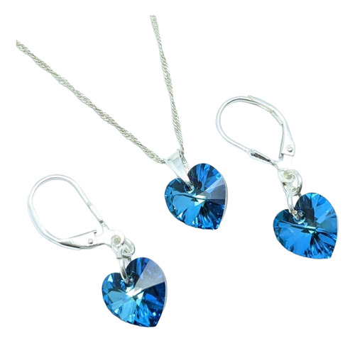 Conjunto Con Cristal Corazón 10mm Plata 925 Bermuda Blue
