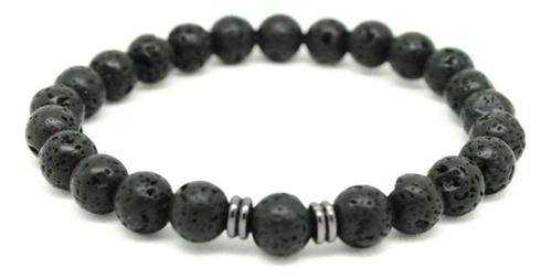 Pulseira Masculina Pedra Lava Vulcão 8mm Banho Ródio Negro G