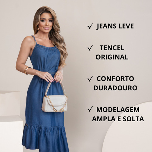 Vestido Midi Jeans Tencel Alcinha E Peplum Assimétrico