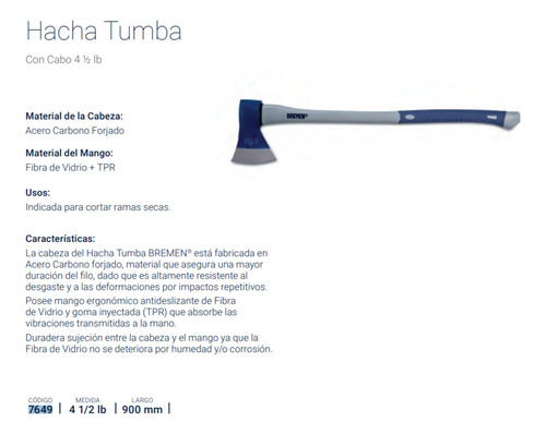 Hacha Tumba 4 1/2 Libras Bremen® 7649 Cabo De Fibra 90 Cm