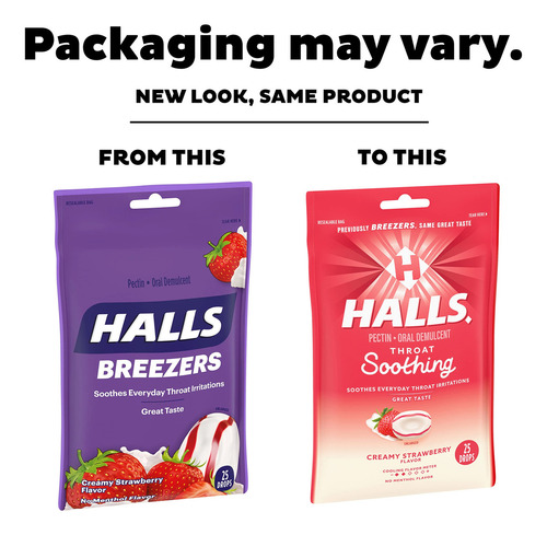 Halls Breezers Drops, Cremosa Fresa, 25 Gotas paquete De 12