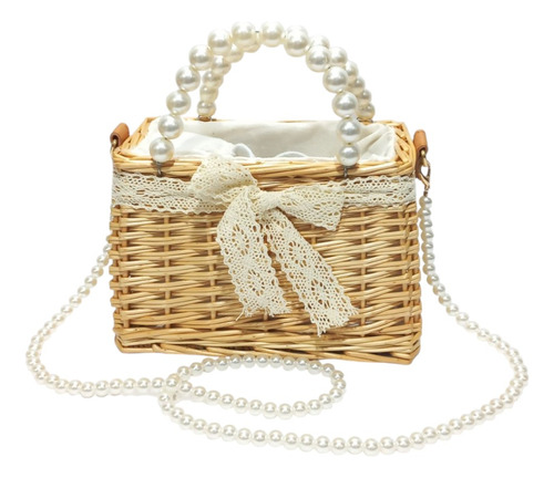Bolsa De Bambu Com Alça De Mão E Alça Tiracolo De Pérolas Palha Artesanato Níquel Pérolas