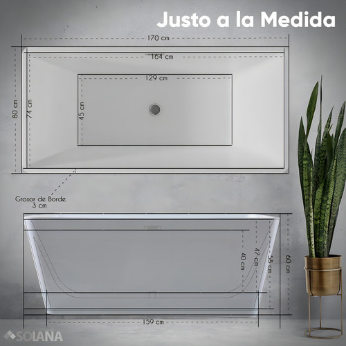 Solana Tina Para Baño Modelo Azalea 170x80x60 Cm Blanco Rectangular De Acrílico Solido Slim / Bañera Alto Brillo Para Cuarto De Baño
